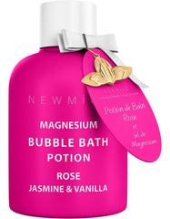New Miuz Magnesium Bubble Bath Rose-Vanilla foam close-up showing rich, long-lasting bubbles for soothing relaxation