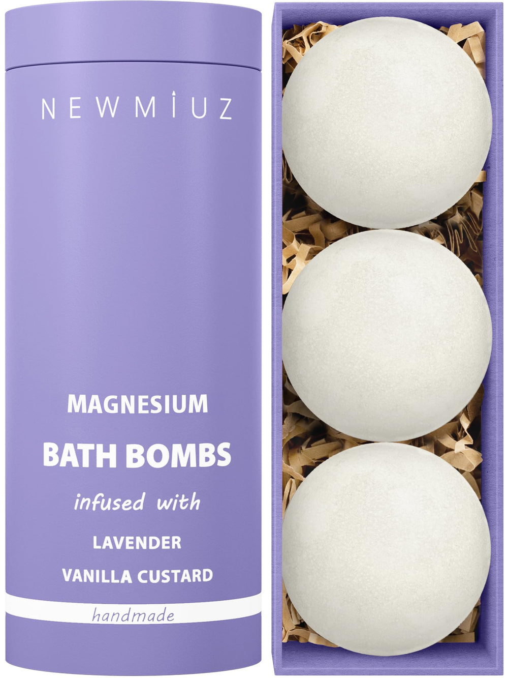 New Miuz magnesium lavender vanilla bathbomb closeup highlighting calming scent