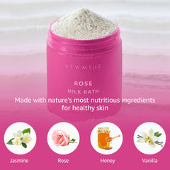 New Miuz rose coconut milk bath powder shows milky texture for hydration.