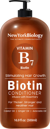 New York Biology Biotin Conditioner bottle front highlighting hair thickening benefits.