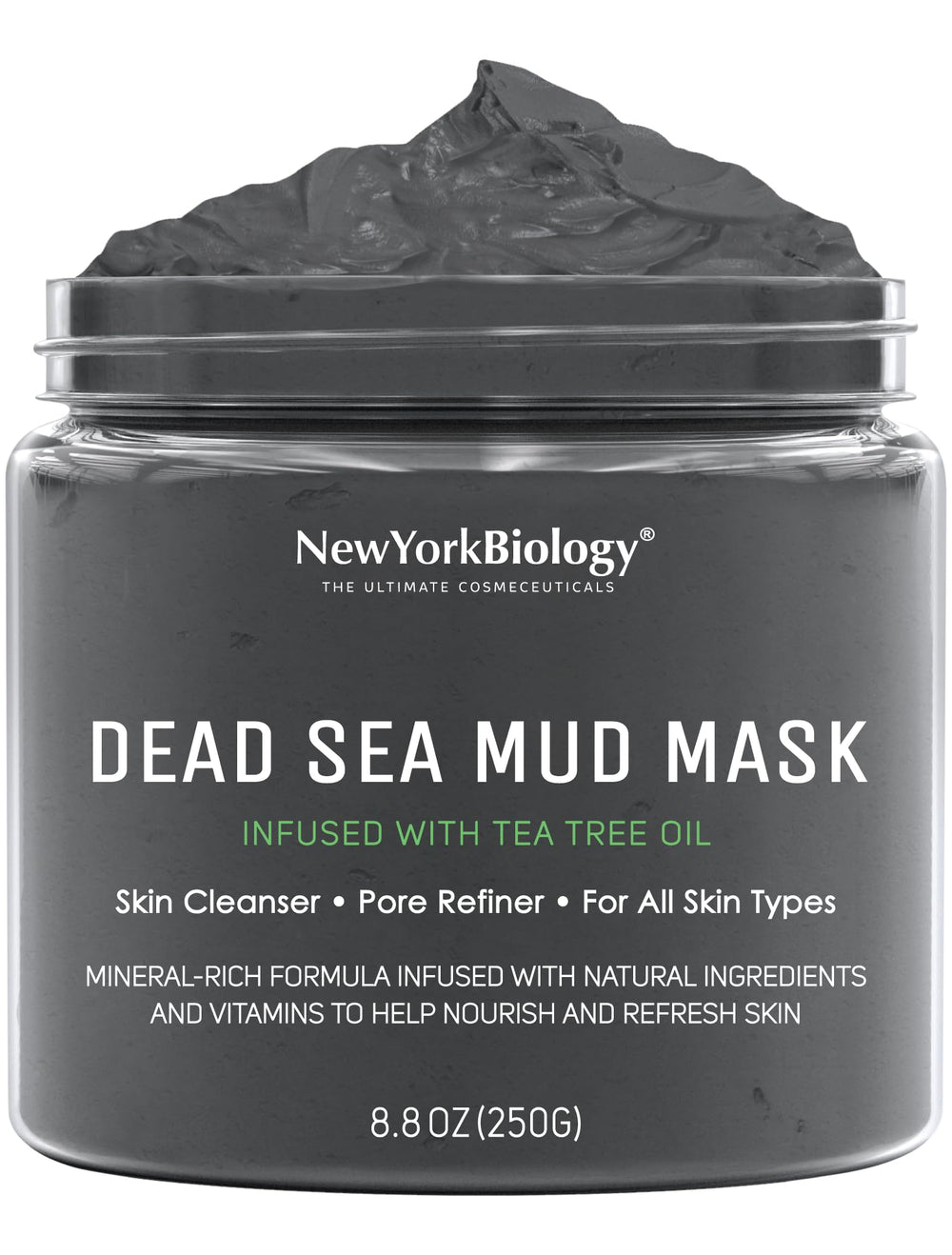 New York Biology Dead Sea Mud Mask on the face during application for pore refinement.