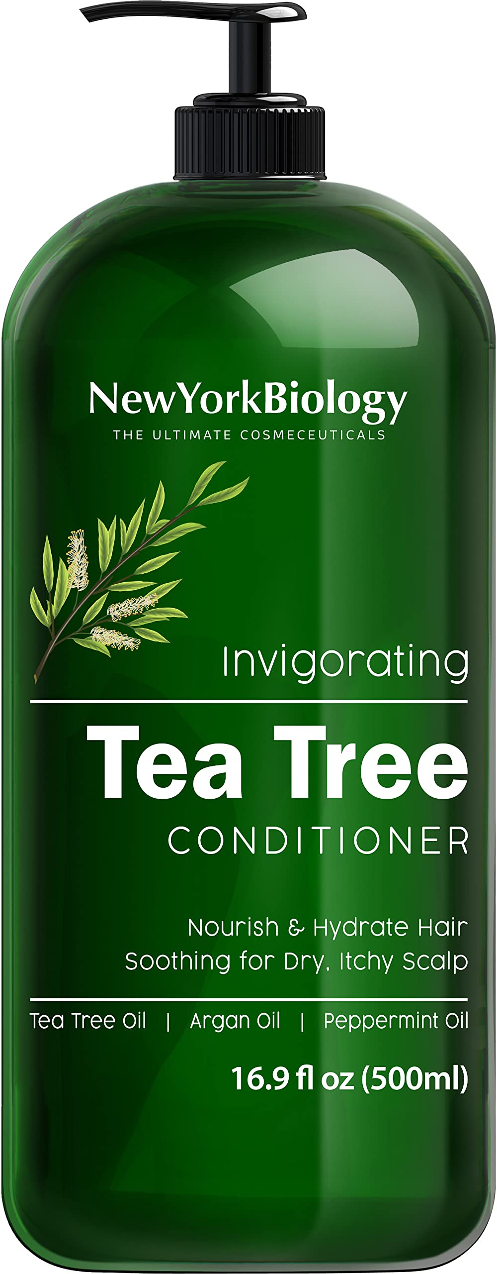 New York Biology Tea Tree Conditioner bottle pour showing anti-dandruff care benefits