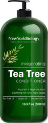 New York Biology Tea Tree Conditioner bottle pour showing anti-dandruff care benefits