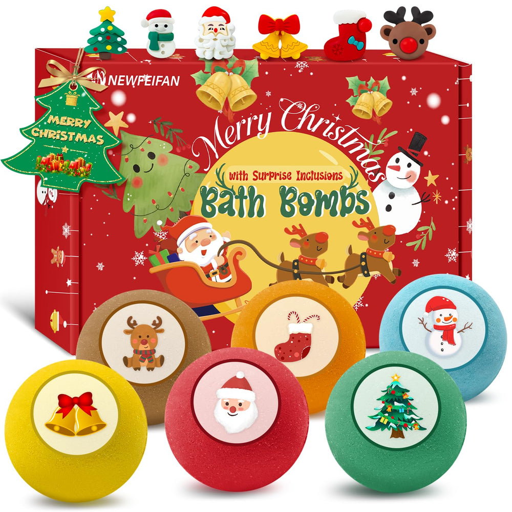 NEWFEIFAN Christmas bath bombs pack front showing festive packaging for kids