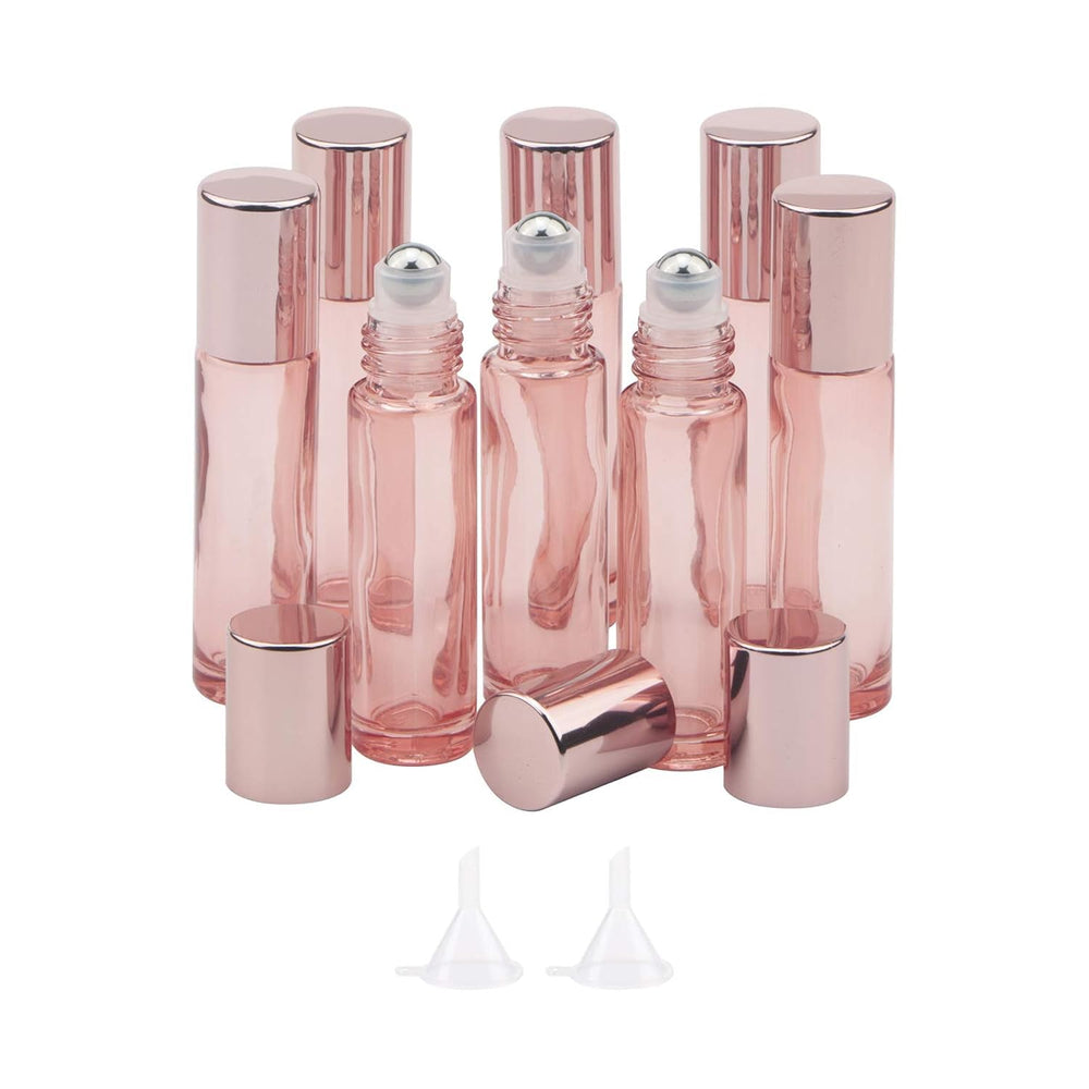 Newzoll roller bottles with rose-gold cap protect essential oils from light during travel.