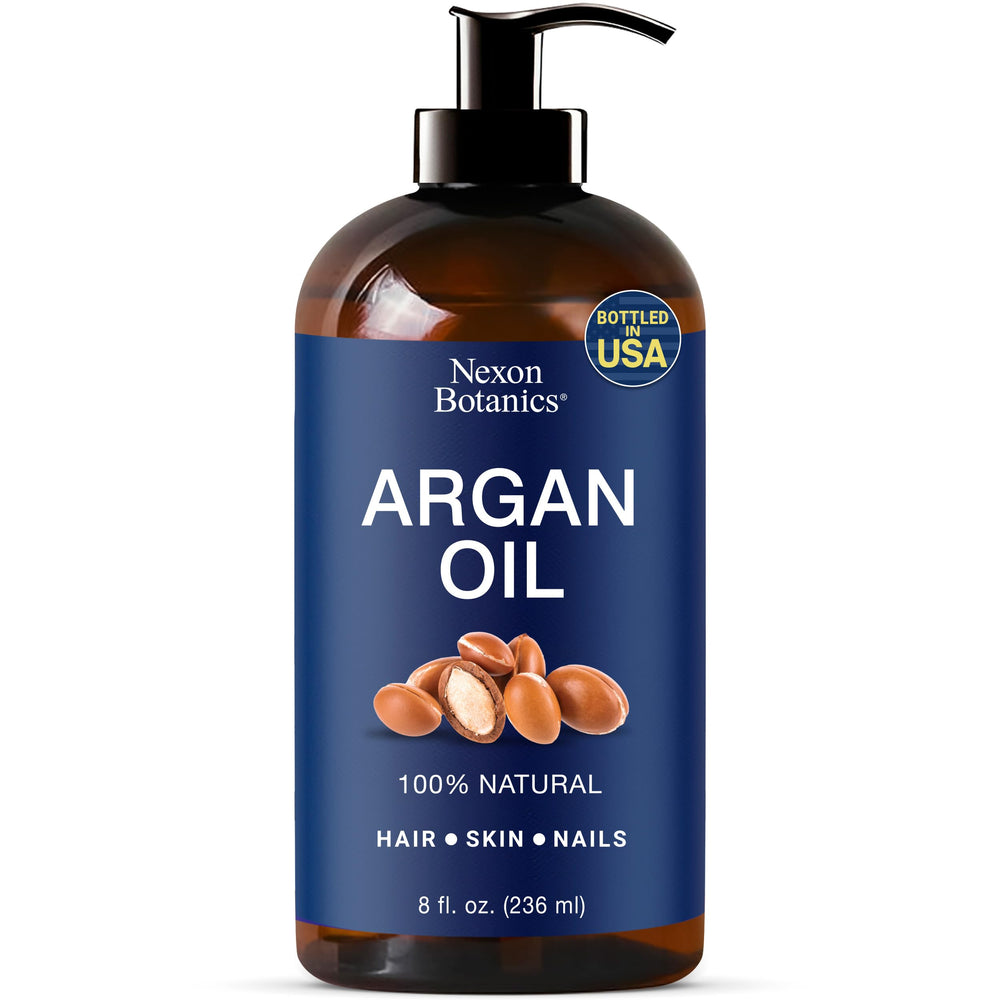Nexon Botanics Argan Oil bottle close-up showing 8 oz size for daily nourishment