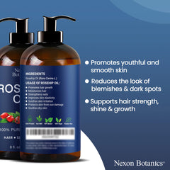 Nexon Botanics rosehip oil amber bottle closeup highlights potency and protection from light.