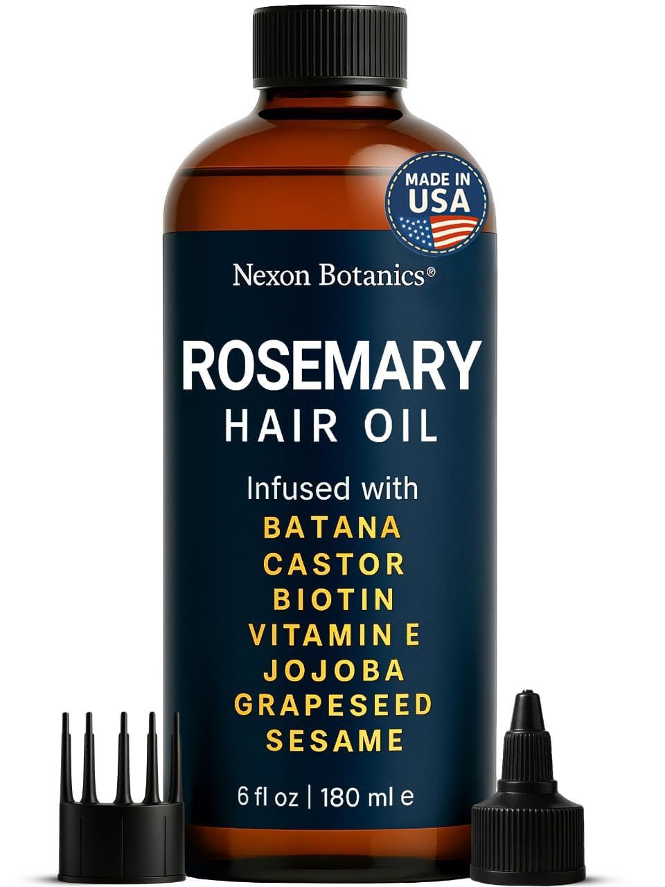 Nexon Botanics rosemary oil bottle showing hair nourishment for fuller appearance