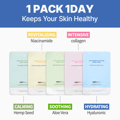 NEXTBEAU hemp seed sheet mask demonstrating moisture barrier support and calming effects.