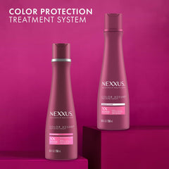 Nexxus Color Assure conditioner close-up shows protein-infused formula strengthening color-treated hair.