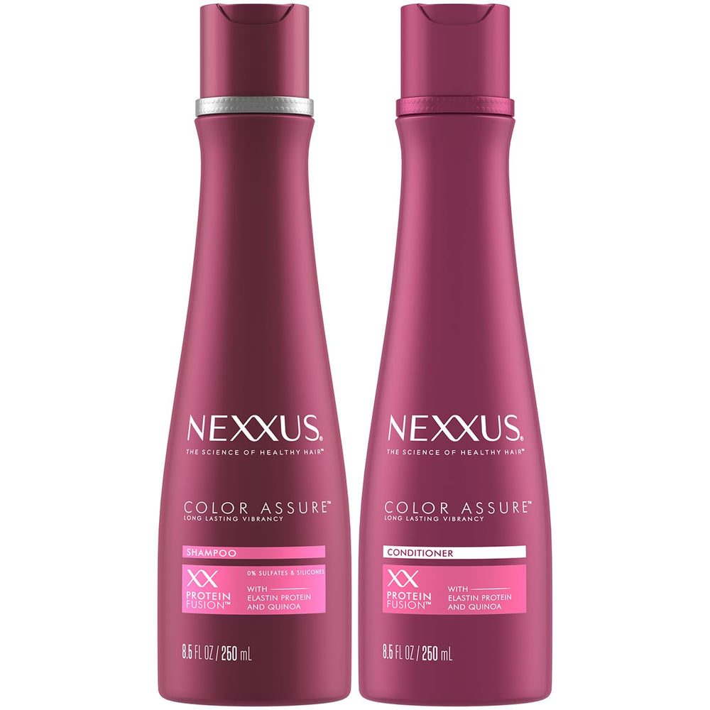 Nexxus Color Assure shampoo bottle shows color-safe formula for vibrant, lasting color.