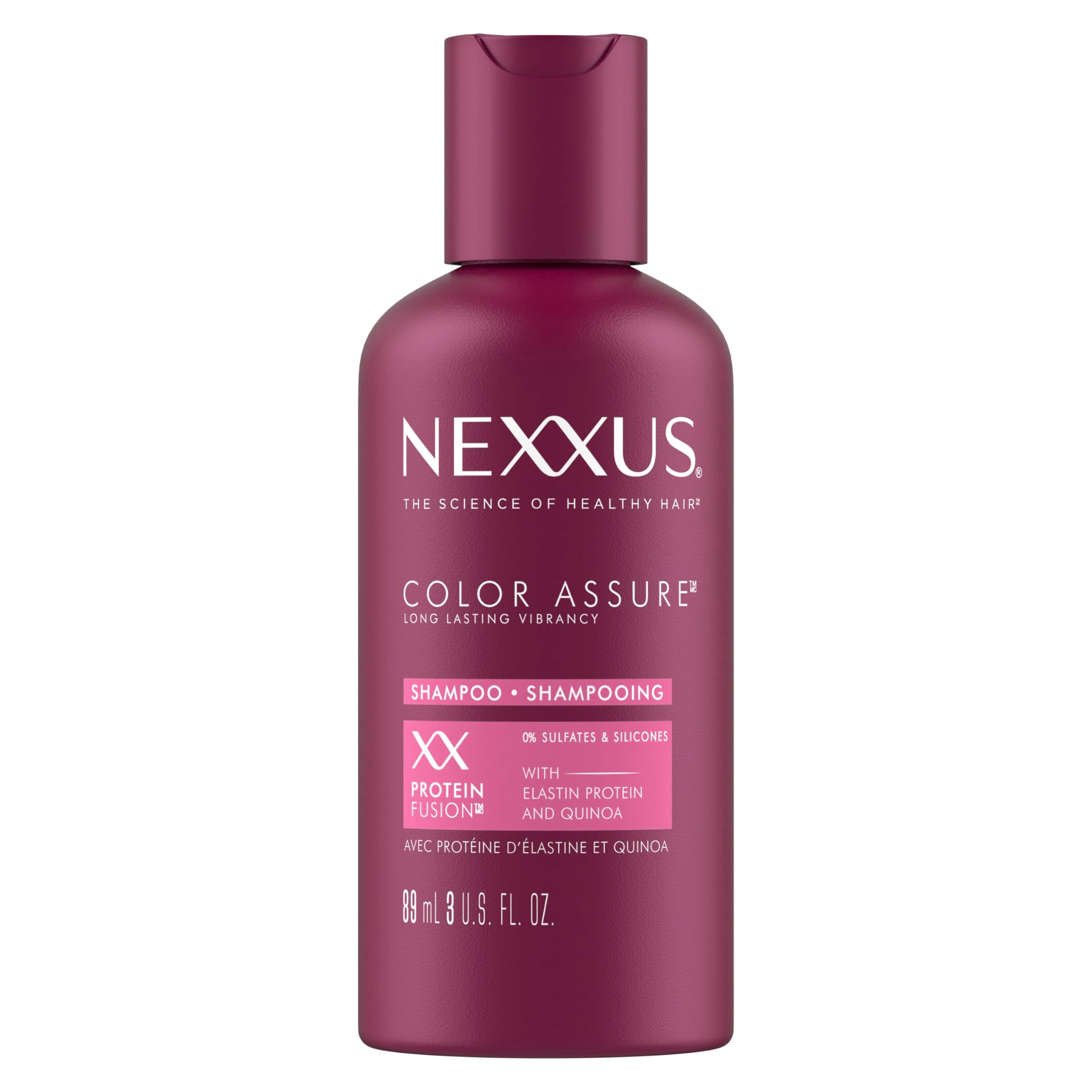 Nexxus Color Assure Shampoo sin sulfatos en botella, protege el color y suaviza el cabello.