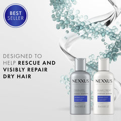 Close-up of Nexxus Therappe bottle highlighting creamy moisture on hair.