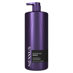 Nexxus Keraphix shampoo bottle closeup showing salon-grade repair for damaged hair