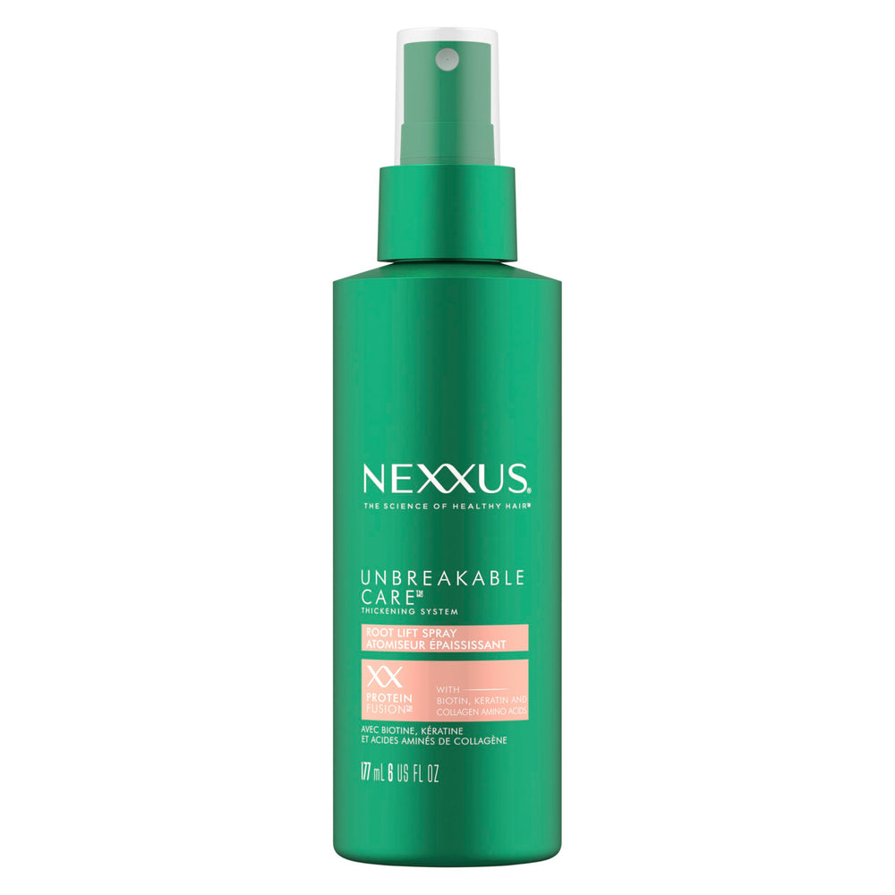 Nexxus Root Lift Spray bottle shows root-to-tip thickening action