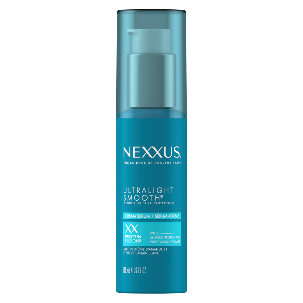 Nexxus Ultralight Smooth Frizz Defy Serum bottle demonstrates lightweight frizz control for humidity.