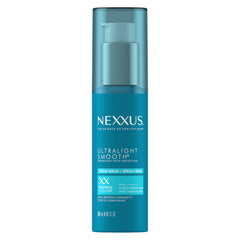 Nexxus Ultralight Smooth Frizz Defy Serum bottle demonstrates lightweight frizz control for humidity.