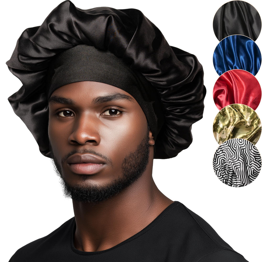 Niagara Satin Bonnet black 36 cm worn overnight for hair protection.