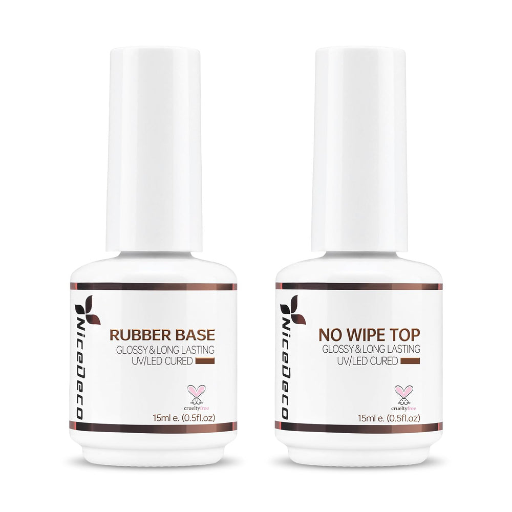 Nicedeco Rubber Base Gel bottle closeup highlighting base strength for brittle nails.