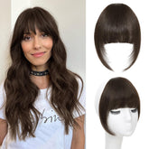 Niceone Hair clip-in bangs dark brown close-up shows natural blend.