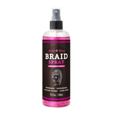 Nicole & Alyssa braid spray bottle front view highlighting hydration for braids.