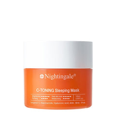 Nightingale C Toning Sleeping Mask jar closeup highlights creamy texture for overnight hydration.
