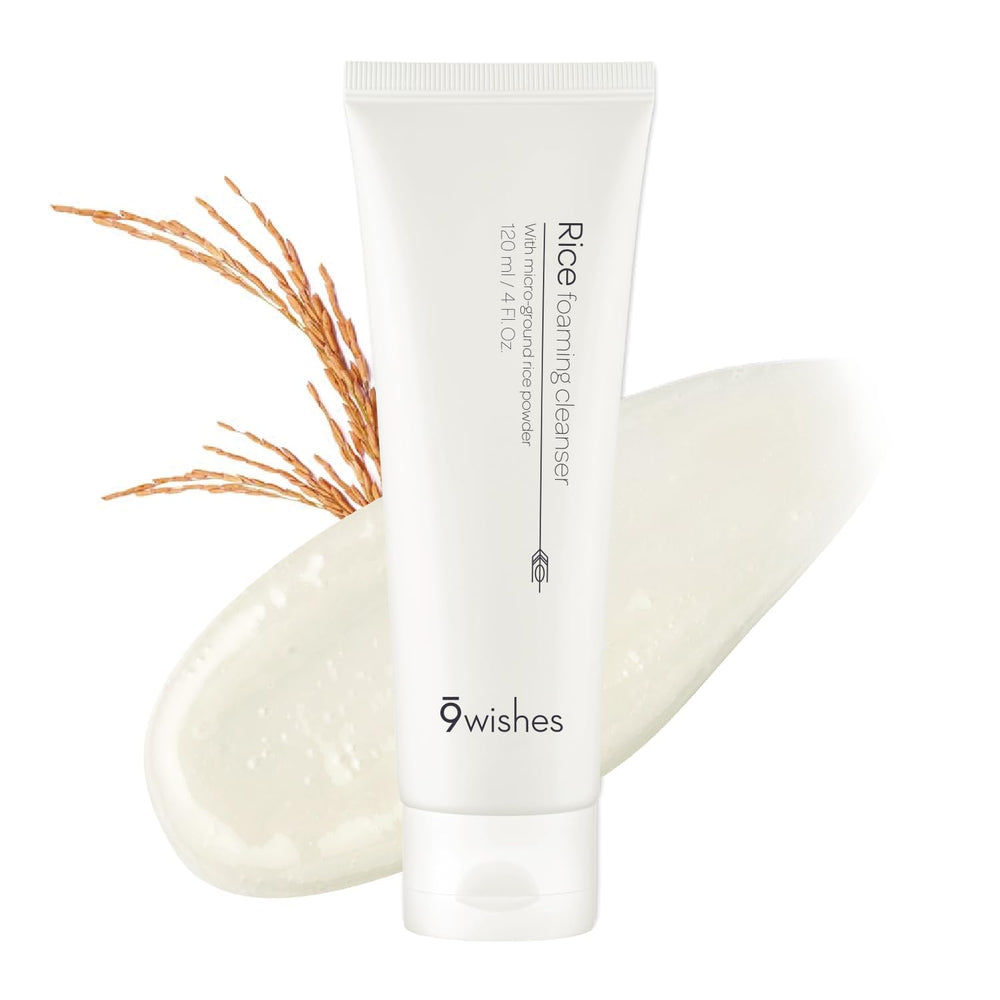 9 Wishes Rice Foaming Cleanser bottle pump for gentle daily exfoliation and cleaner pores.