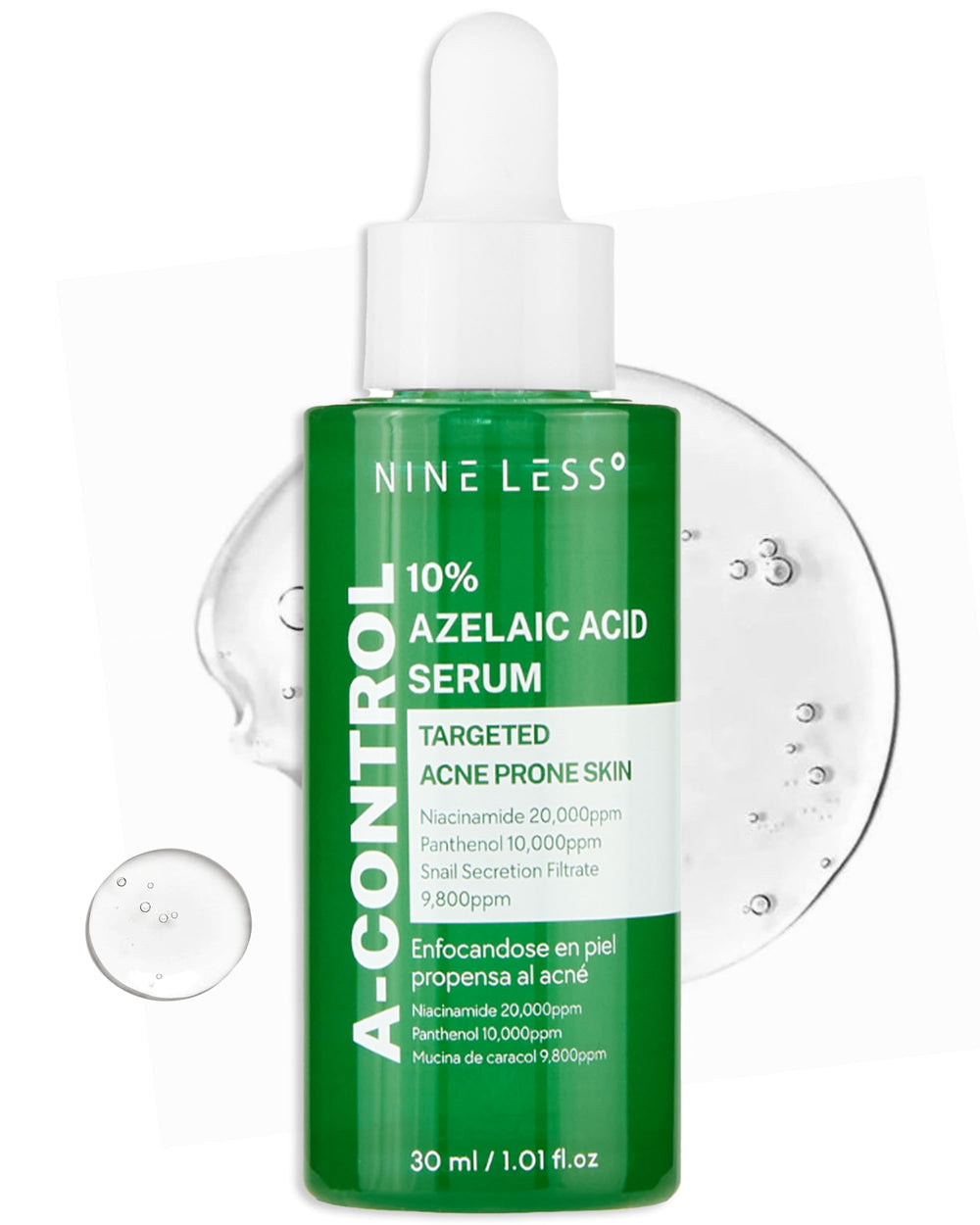 NINELESS A-Control serum bottle closeup for calmer irritated skin.