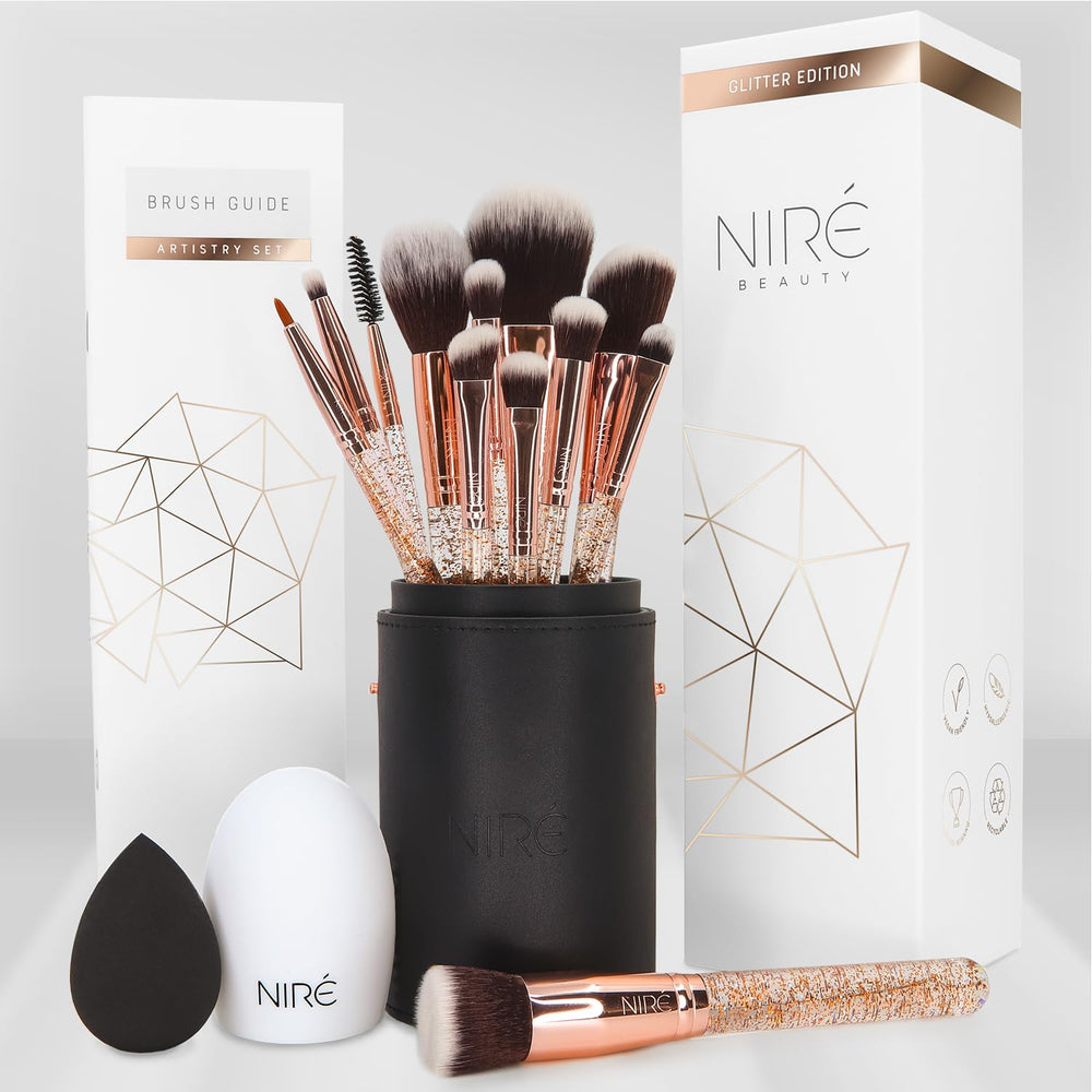 Niré Beauty 15-piece glitter brush set in case for organized travel makeup