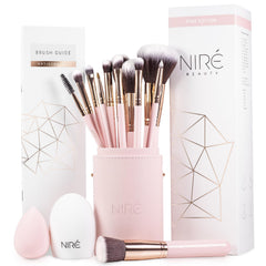 Nire pink makeup brush set with case for organized travel-ready makeup application.