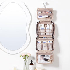 NISHEL bag compartments showcase organized storage for cosmetics and travel size bottles.