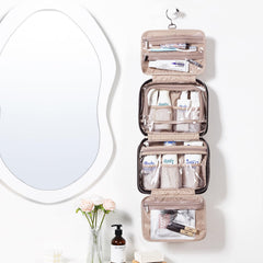 NISHEL Travel Toiletry Bag hanging on hook for easy access in bathrooms