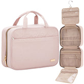 NISHEL travel toiletry bag hanging view shows roomy interior for full-sized toiletries.