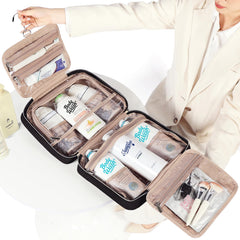 NISHEL travel toiletry bag inside compartments show tidy cosmetic and toiletry organization.