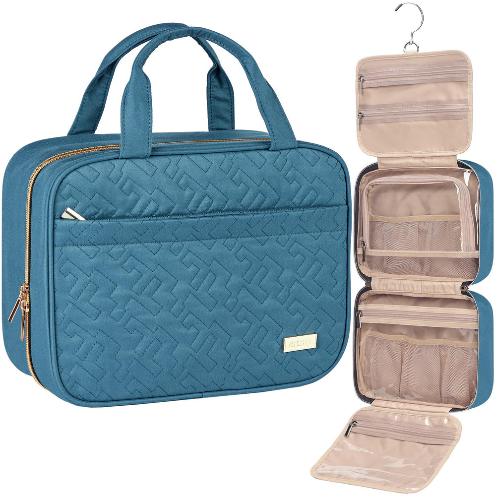 NISHEL travel toiletry bag lake-blue closed, compact storage for travel-sized essentials.