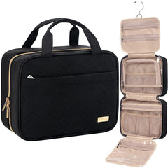NISHEL Travel Toiletry Bag opened to reveal organized compartments for cosmetics and skincare, aiding quick access