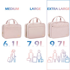 NISHEL pink travel toiletry bag, inside compartments keep cosmetics organized for quick selection.
