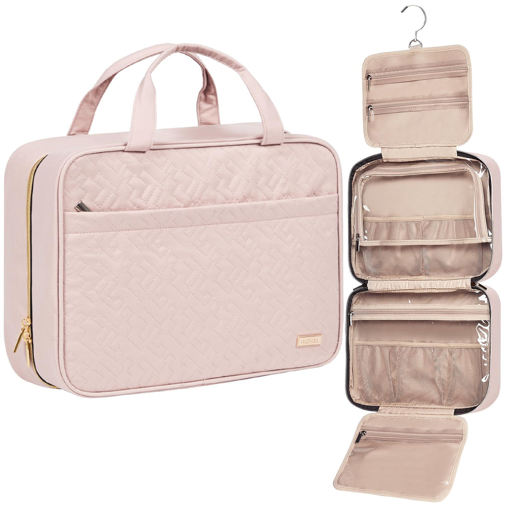 NISHEL pink travel toiletry bag, open view shows ample space for family essentials on trips.