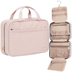 NISHEL pink travel toiletry bag, open view shows ample space for family essentials on trips.