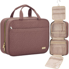 NISHEL travel toiletry bag closed in rosewood-pink with a transparent window for easy security screening