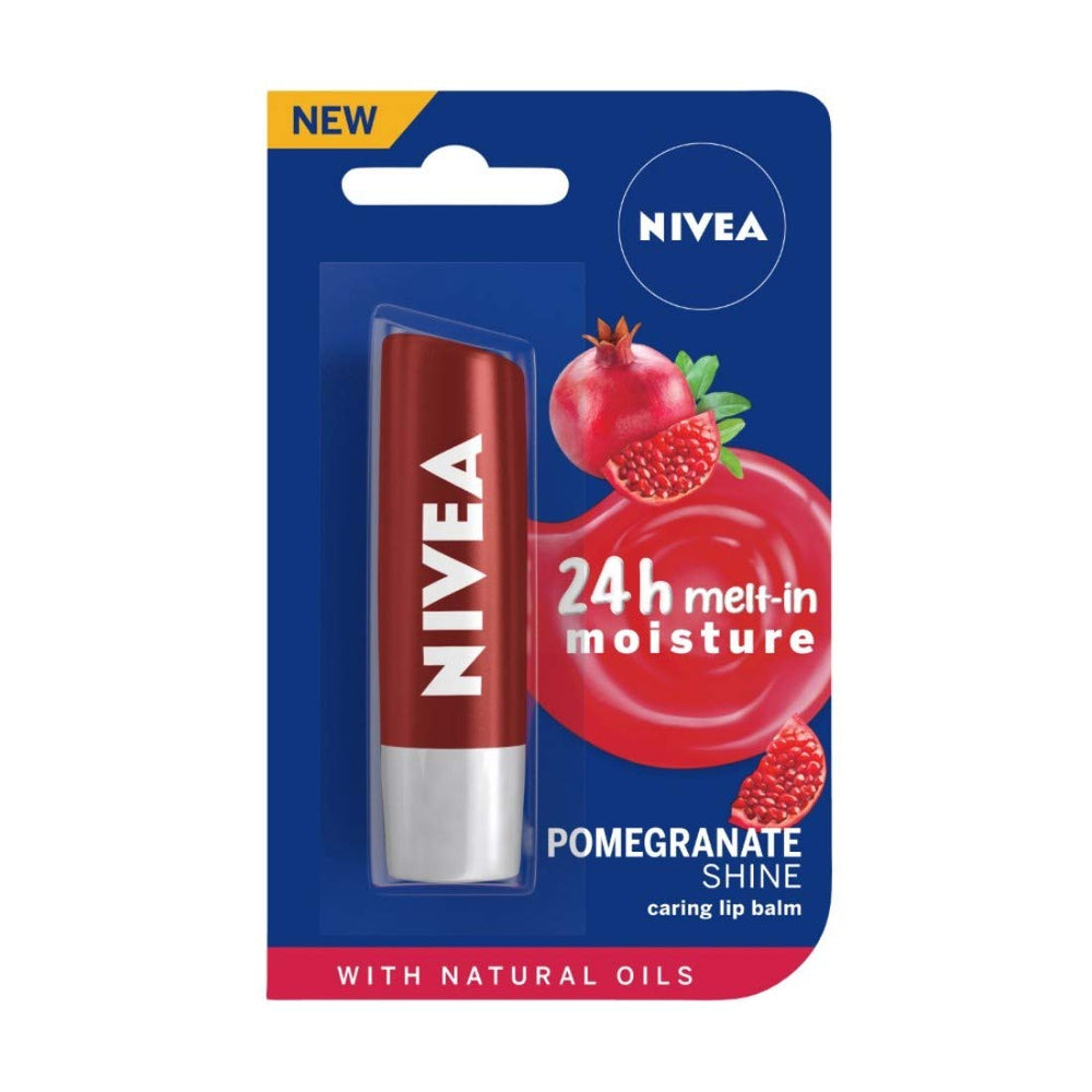 NIVEA Bálsamo labial Granada Brillo en envase práctico para uso diario.