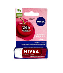 NIVEA Cherry Shine lip balm tube close-up, delivering glossy hydration for soft lips.