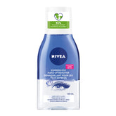 NIVEA Double Effect Eye Make-Up Remover bottle pours for easy dual-phase makeup removal.