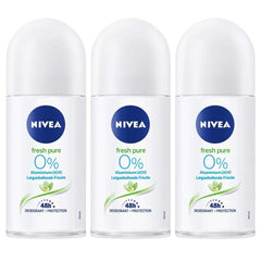 NIVEA Fresh Pure Roll-On Deodorant bottle highlighting 0% aluminum salts for long-lasting freshness.