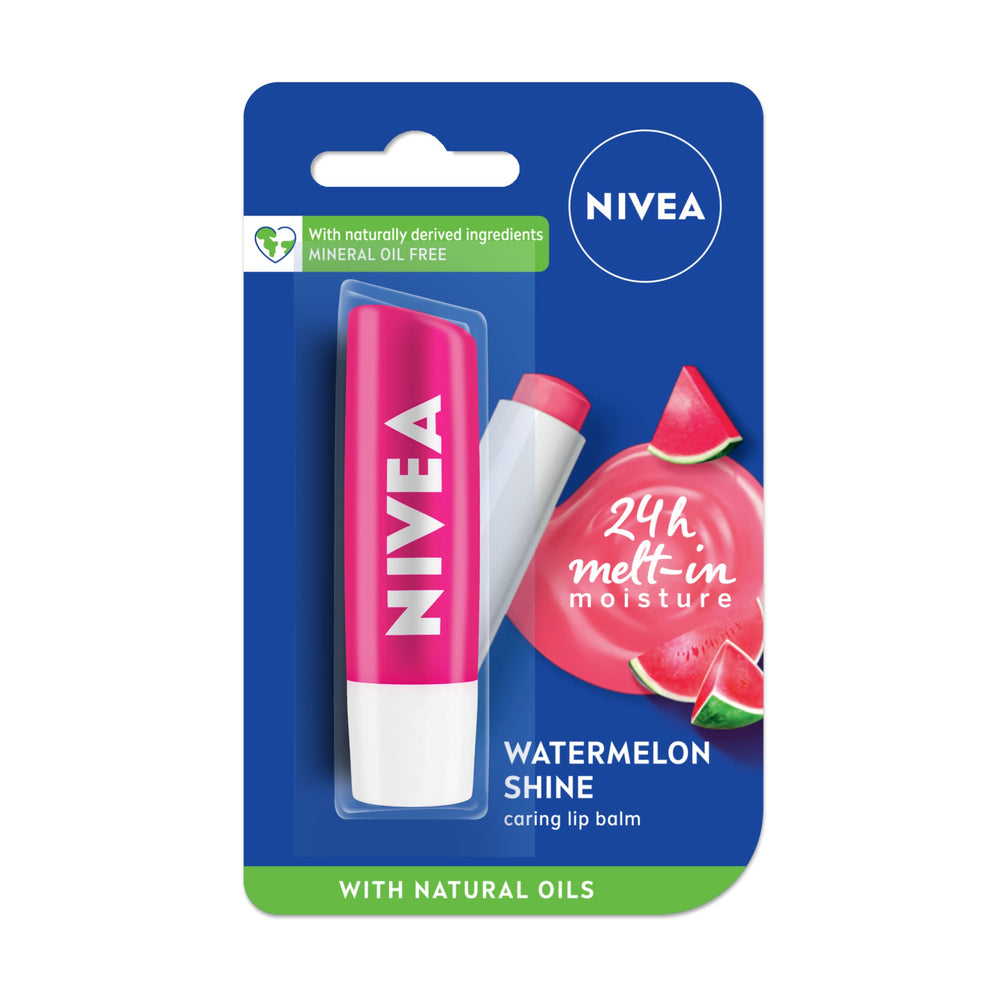 NIVEA Fruity Shine Watermelon Lip Balm tube ready for quick hydration.