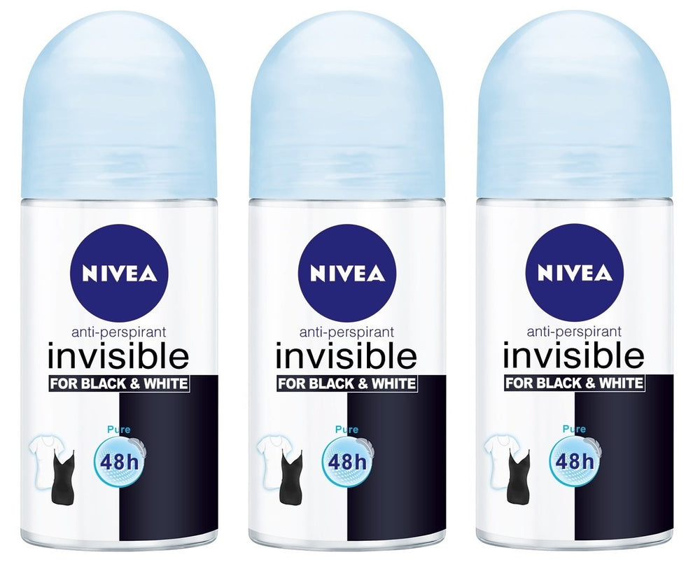 NIVEA Invisible for Black and White Pure pack of 3 bottles for everyday freshness and protection.