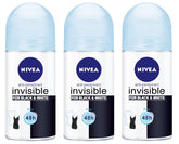 NIVEA Invisible for Black and White Pure pack of 3 bottles for everyday freshness and protection.