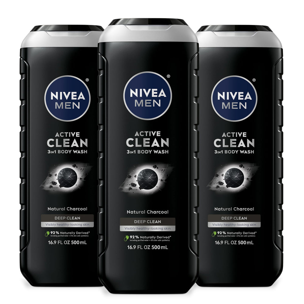 NIVEA MEN Active Clean Charcoal bottle front view showing 3-in-1 cleanser for body, face, and hair.