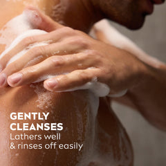 NIVEA MEN Boost body wash application demonstrating 3-in-1 use on skin and hair.