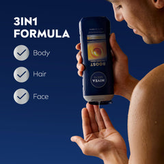 NIVEA MEN Boost caffeine splash showing a wake-up refreshment after shower.